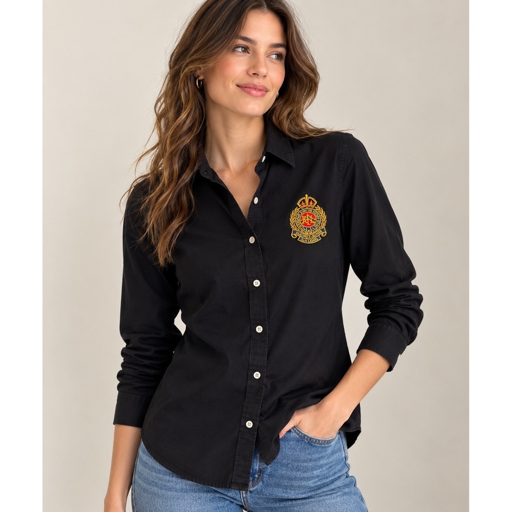 Lauren Ralph Lauren XS Black Cotton Button Down Shirt Embroidered Crest Preppy